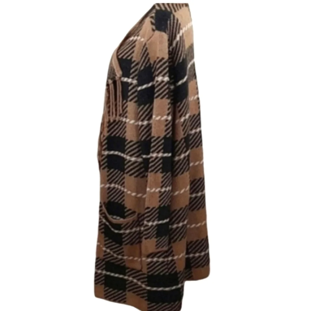 Adrienne Vittadini Fringed Plaid Cardigan/Open Front Duster Size 3X